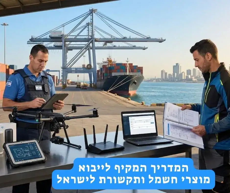 שני גברים עומדים בנמל מסחרי ליד שולחן עבודה עם ציוד טכנולוגי, כולל רחפן, שלט רחוק, טאבלט, מחשב נייד ונתב. אחד מהם מפעיל טאבלט והשני מחזיק מסמכים. ברקע נראים מכולות צבעוניות, מנופים וספינת משא גדולה עוגנת לצד קו מים ועיר.