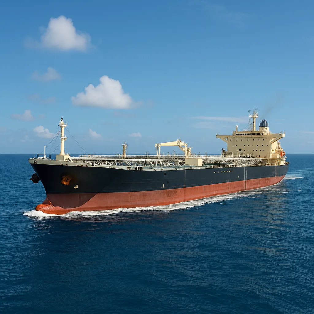 מכלית נפט (Oil Tanker) שטה בלב ים ביום בהיר, עם גוף שחור ופס תחתון אדמדם, המשמשת להובלת דלקים ונוזלים תעשייתיים.
