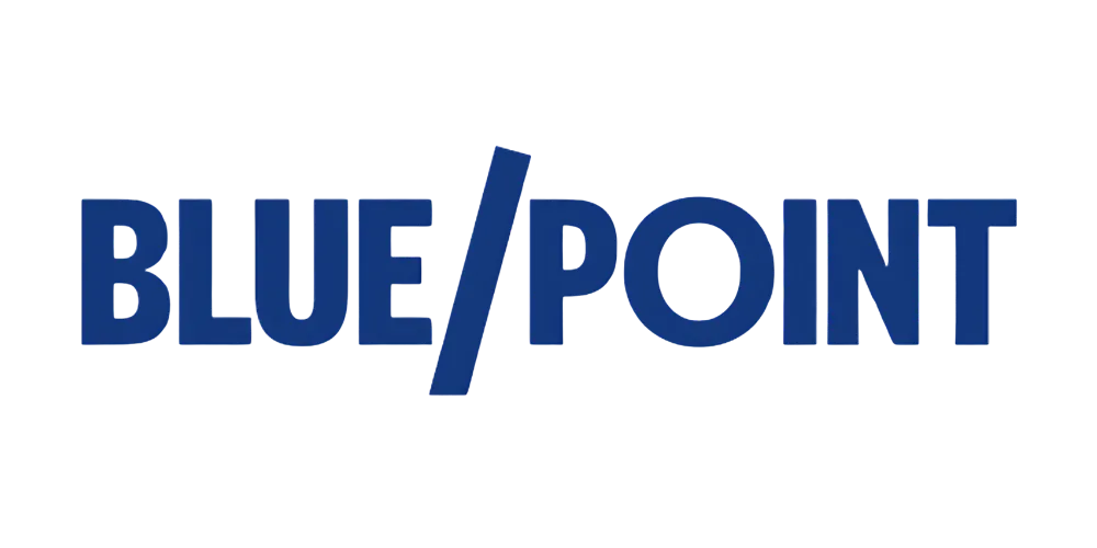 לוגו כחול כהה של חברת הבירה Blue Point עם קו נטוי בין המילים.