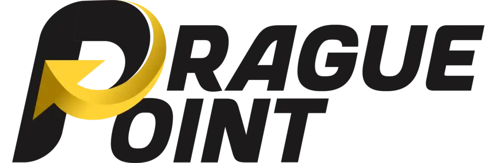 לוגו אופקי של Prague Point עם אות P שחורה וחץ זהוב, ולצידו הכיתוב PRAGUE POINT בשחור, על רקע שקוף