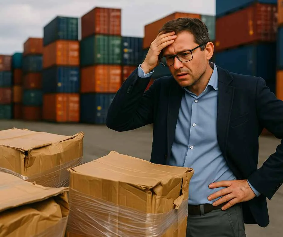 Man in a suit with glasses standing near damaged cardboard boxes at a shipping container yard, holding his head and looking worried.