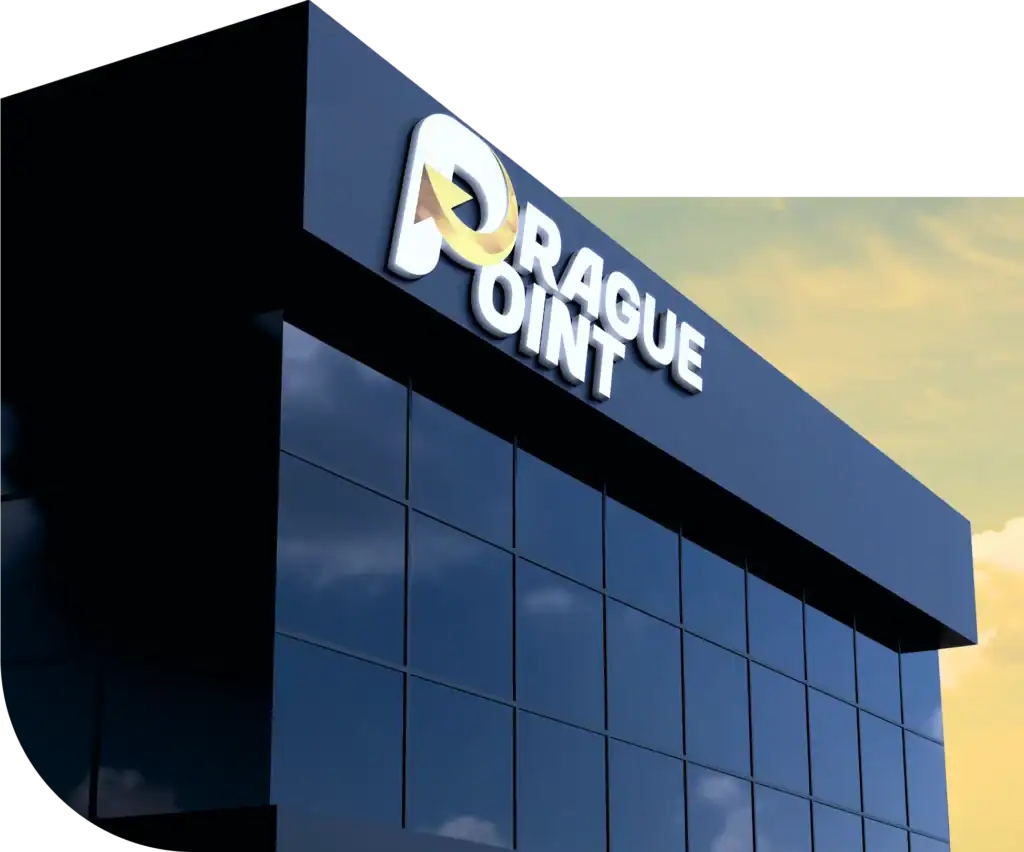 בניין משרדים מודרני עם לוגו Prague Point על החזית, משדר חדשנות ואמינות עסקית.