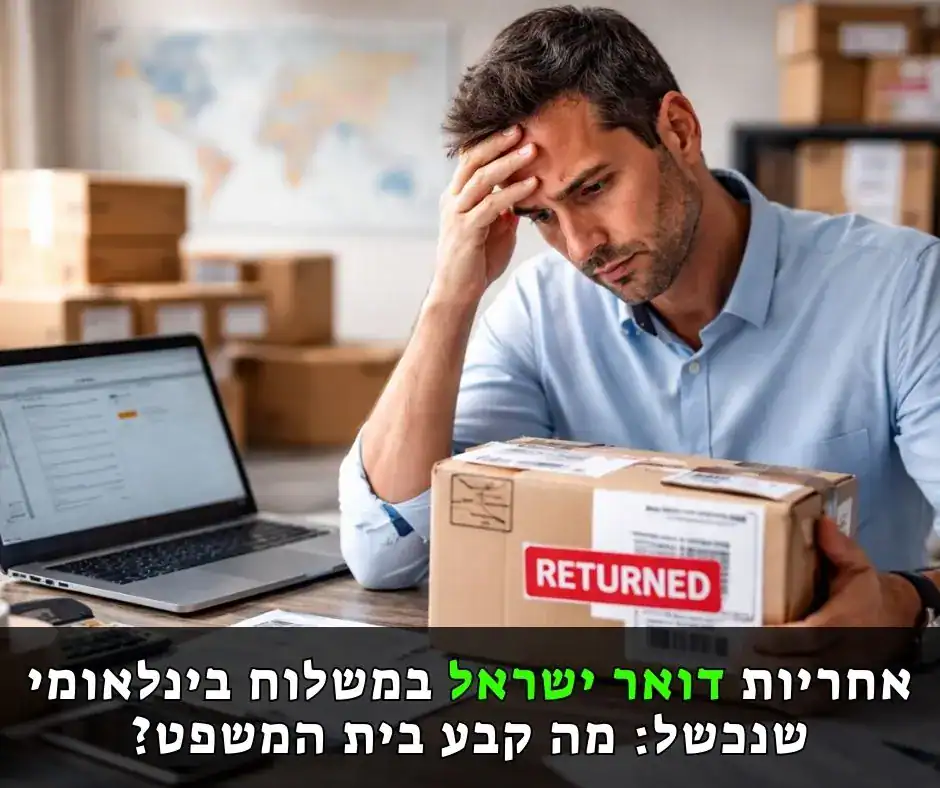 איש עסקים יושב ליד שולחן עבודה עם מחשב ומסמכי משלוח, מחזיק חבילה שחזרה מחו"ל ונראה מודאג.