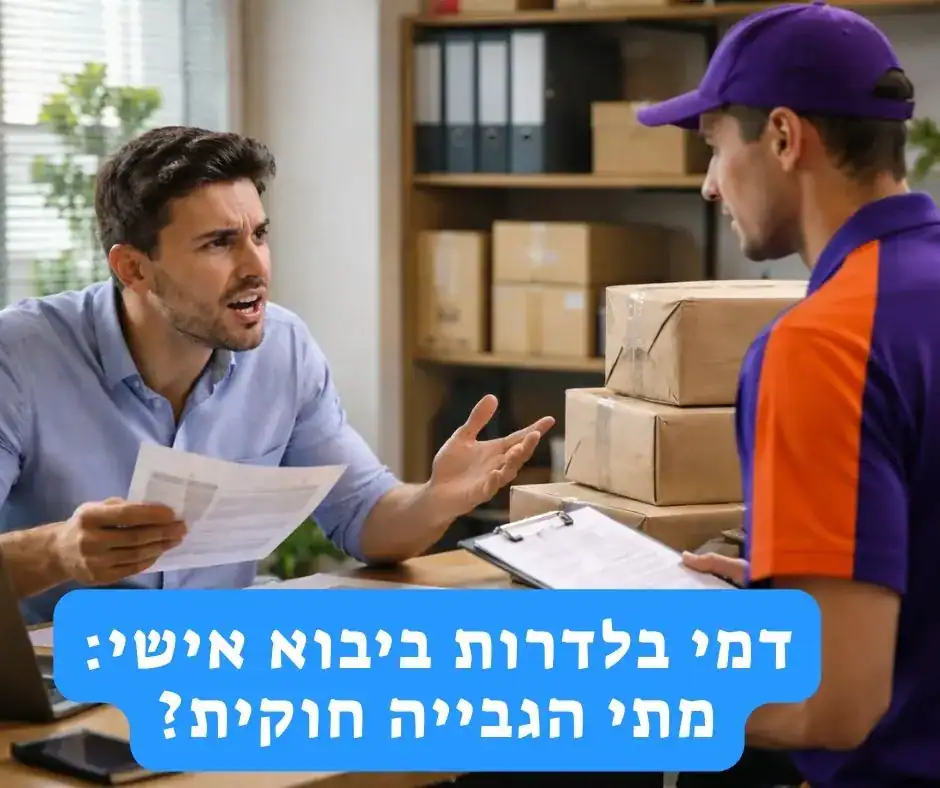 לקוח יושב במשרד ומתווכח עם שליח חבילות על חיובים נוספים, כשעל השולחן מסמכי משלוח וחבילות קרטון.