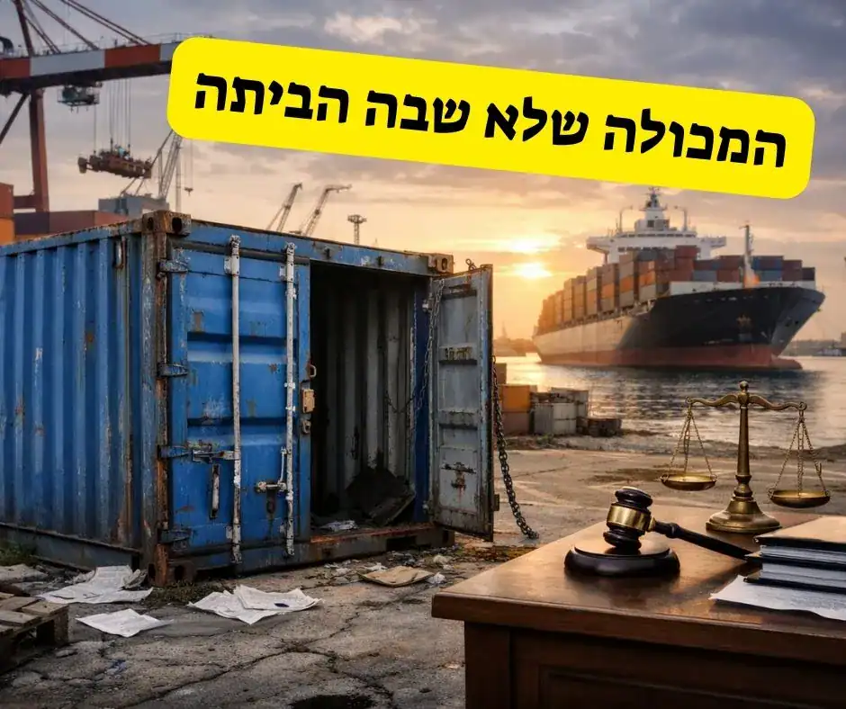 מכולת מטען פתוחה ונטושה בנמל ימי לצד אוניית מכולות וציוד משפטי על שולחן, המחשה למחלוקת על דמי השהיית מכולה
