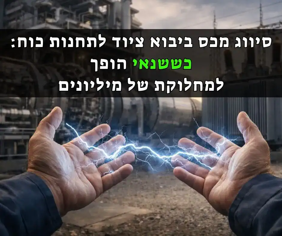 ידיים של עובד תעשייה המחזיקות קשתות חשמליות, על רקע תחנת כוח עם טורבינה ושנאי מתח גבוה.