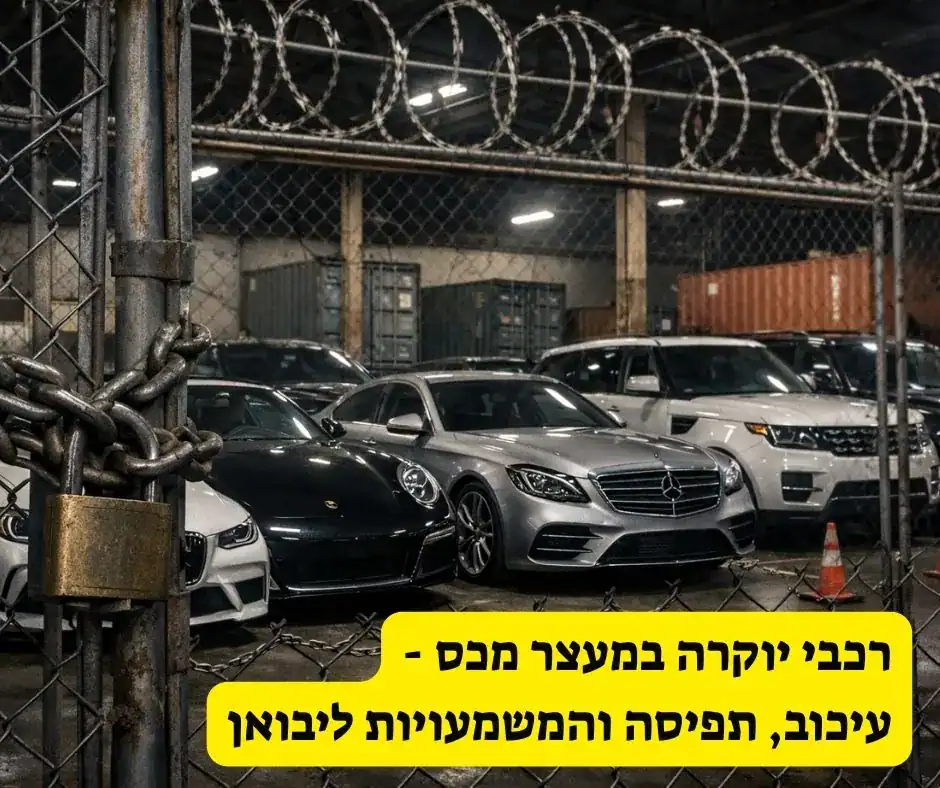 מעצר מכס על רכבי יוקרה המאוחסנים במחסן סגור ומגודר, מאחורי גדר תיל ושער נעול.
