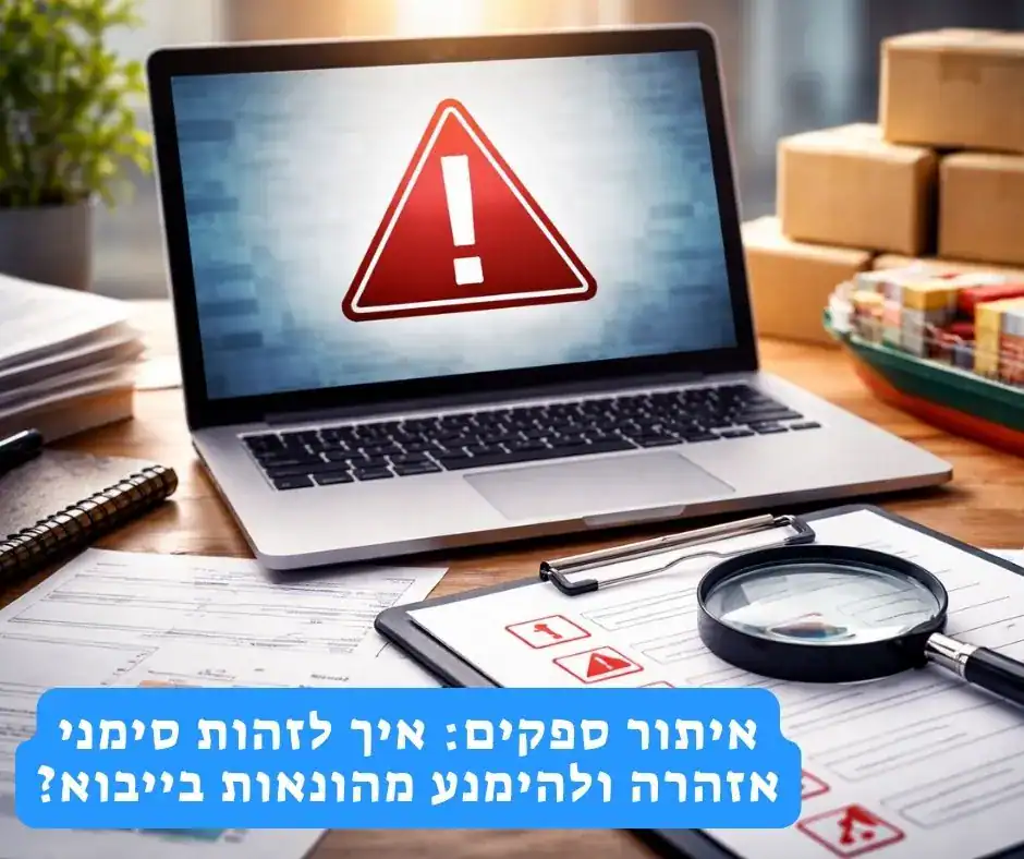 בדיקת ספקים בייבוא-מחשב עם סימן אזהרה, מסמכים וזכוכית מגדלת לצד מכולות וסחורה על שולחן עבודה