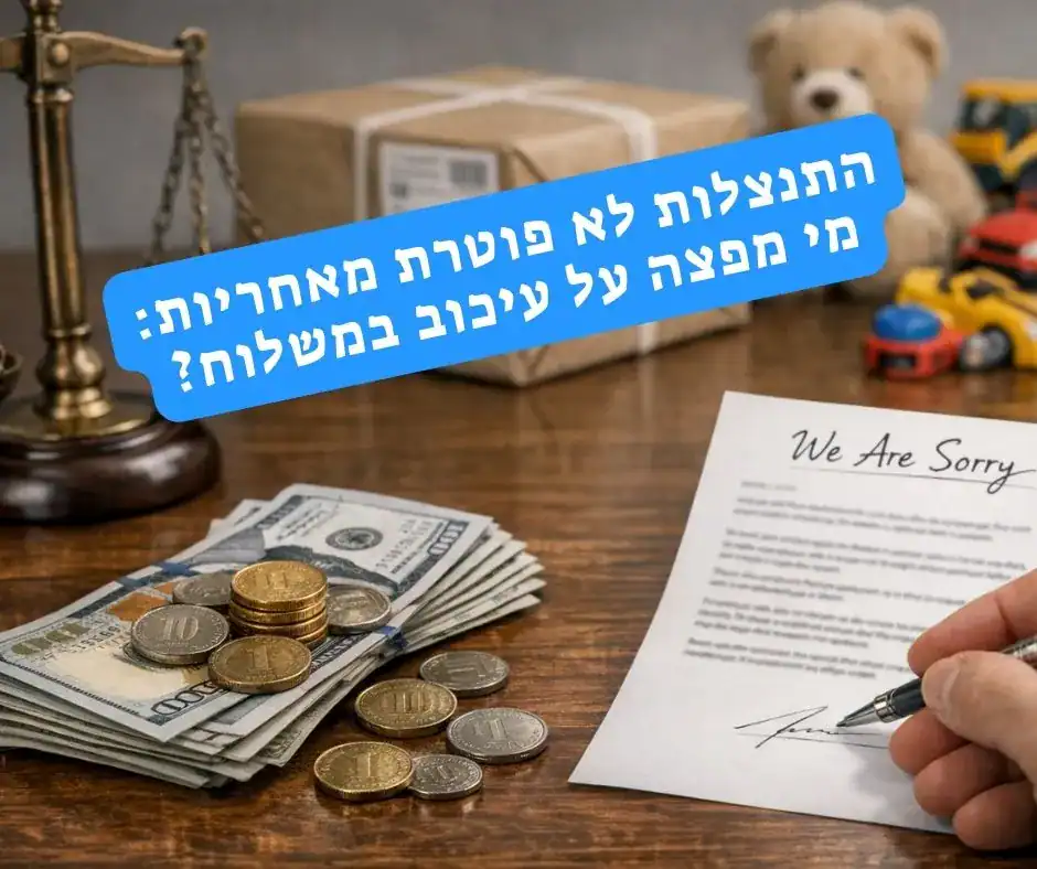 מאזני צדק לצד חבילת משלוח, כסף ומכתב התנצלות חתום המסמלים אחריות ופיצוי על עיכוב במשלוח