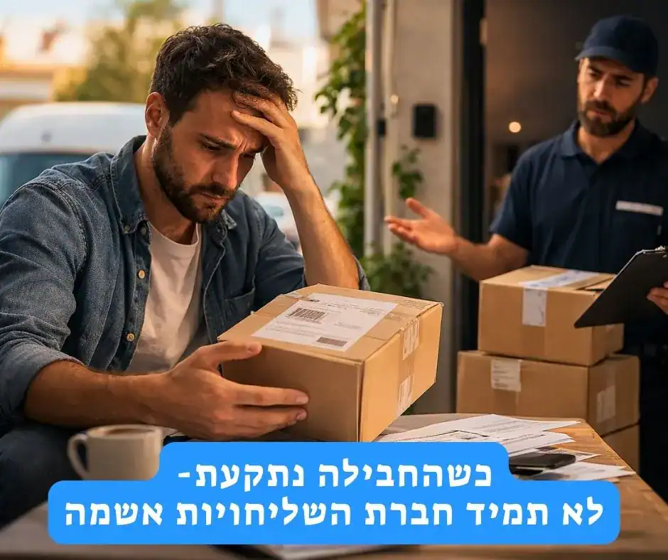 לקוח מתוסכל מחזיק חבילה שהגיעה מחו"ל בזמן ששליח עומד לידו עם משלוחים נוספים ומסביר על בעיית מסירה