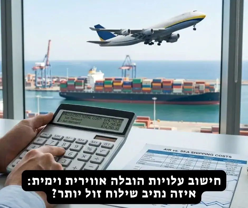 יד מחזיקה מחשבון ומבצעת חישוב עלויות מול חלון המשקיף לנמל עם אוניית מכולות ומנופים, בעוד מטוס מטען ממריא מעל הים; על השולחן מסמך השוואת עלויות משלוח אווירי מול ימי
