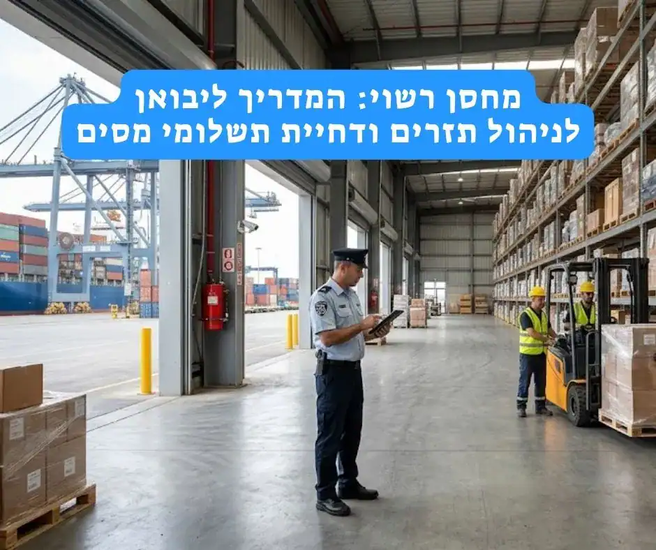 מחסן לוגיסטי גדול עם מדפים עמוסים סחורה. במרכז שוטר או פקח בודק נתונים בטאבלט. בצד ימין עובדים מפעילים מלגזה ומטפלים במשטחים. ברקע נראה נמל מכולות