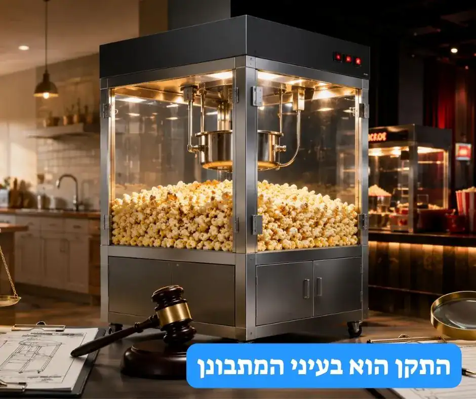 מכונת פופקורן גדולה בין מטבח ביתי לאולם קולנוע, לצד פטיש שופט, מאזניים ומסמכי בדיקה, המדגישים מחלוקת משפטית סביב תחולת תקן ישראלי על מוצר מיובא.