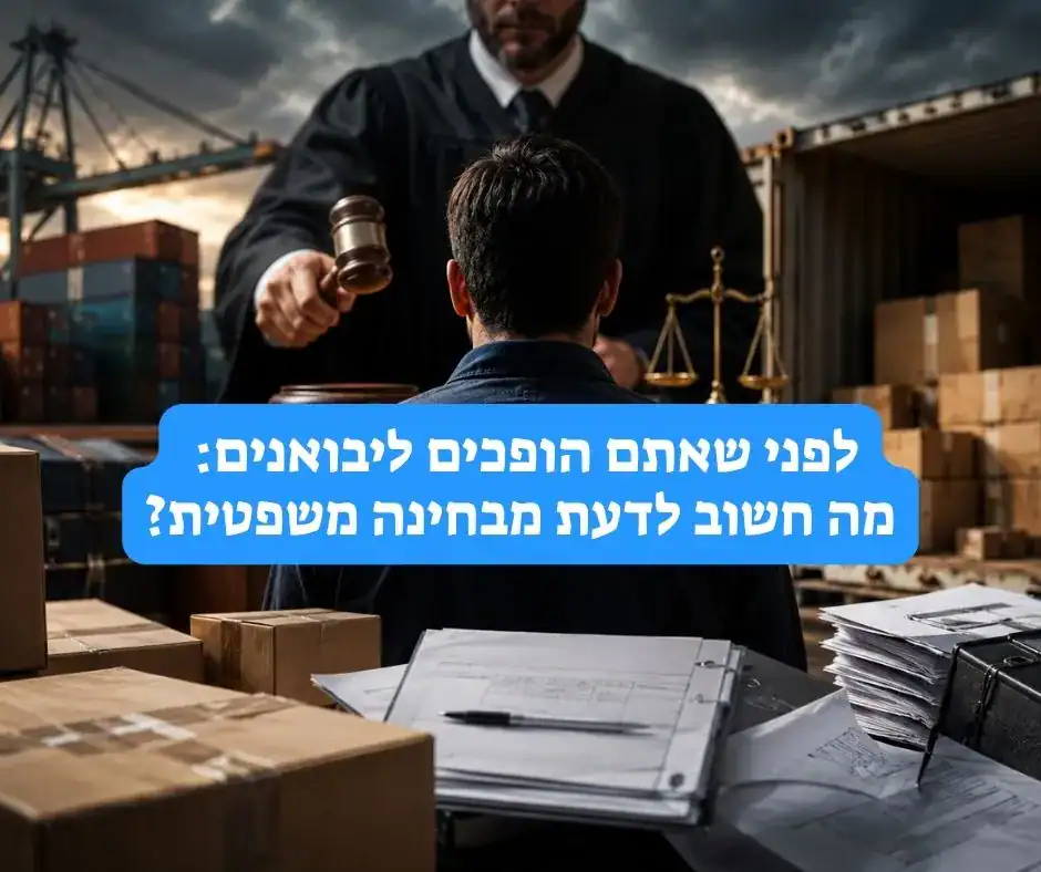 יבואן יושב מול שופט בסביבת נמל ומכולות, עם מסמכי יבוא וקרטונים סביבו, כסמל לאחריות המשפטית החלה על יבואנים בישראל.