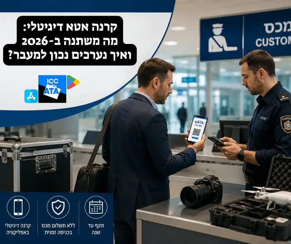 יבואן מציג קרנה אטא דיגיטלי (eATA Carnet) לפקיד מכס בנמל תעופה, לצד ציוד מקצועי, במסגרת המעבר העולמי לקרנה דיגיטלי בשנת 2026.