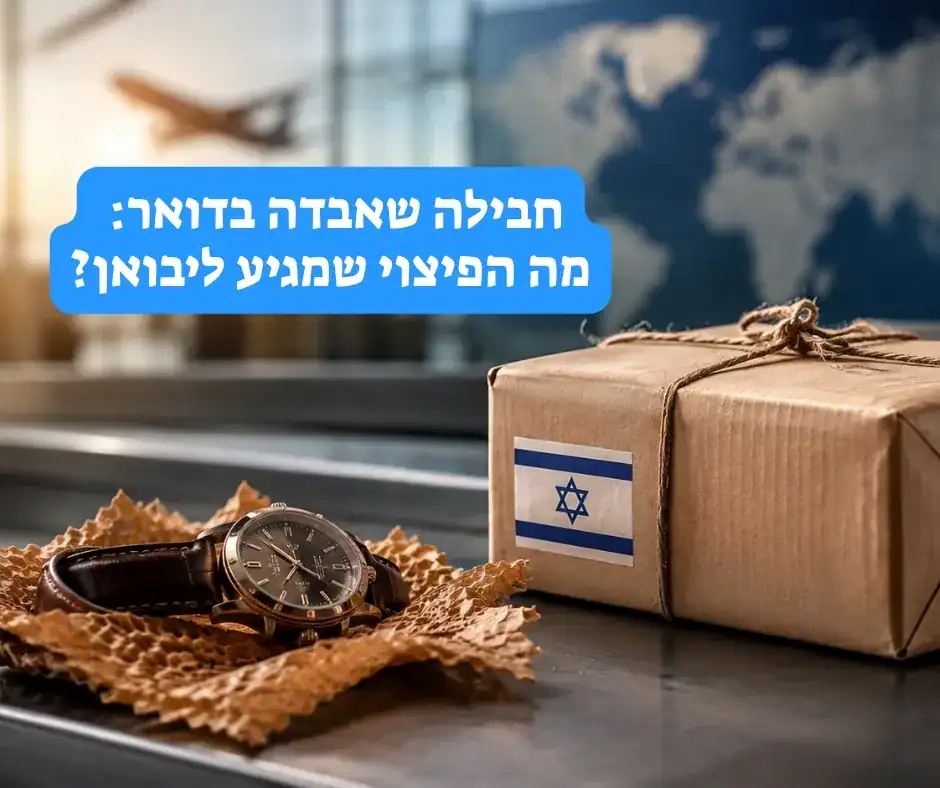 חבילה למשלוח בינלאומי מישראל לסין לצד שעון יד, על רקע מפת עולם ומטוס מטושטש, כהמחשה לאובדן חבילה בדואר.