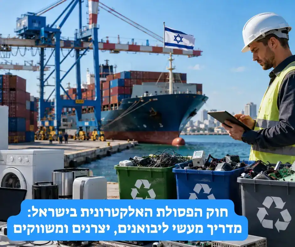 עובד בנמל בישראל בוחן פסולת אלקטרונית, סוללות ומכשירי חשמל המיועדים למיחזור, על רקע אוניית מטען, מנופים ומכולות.