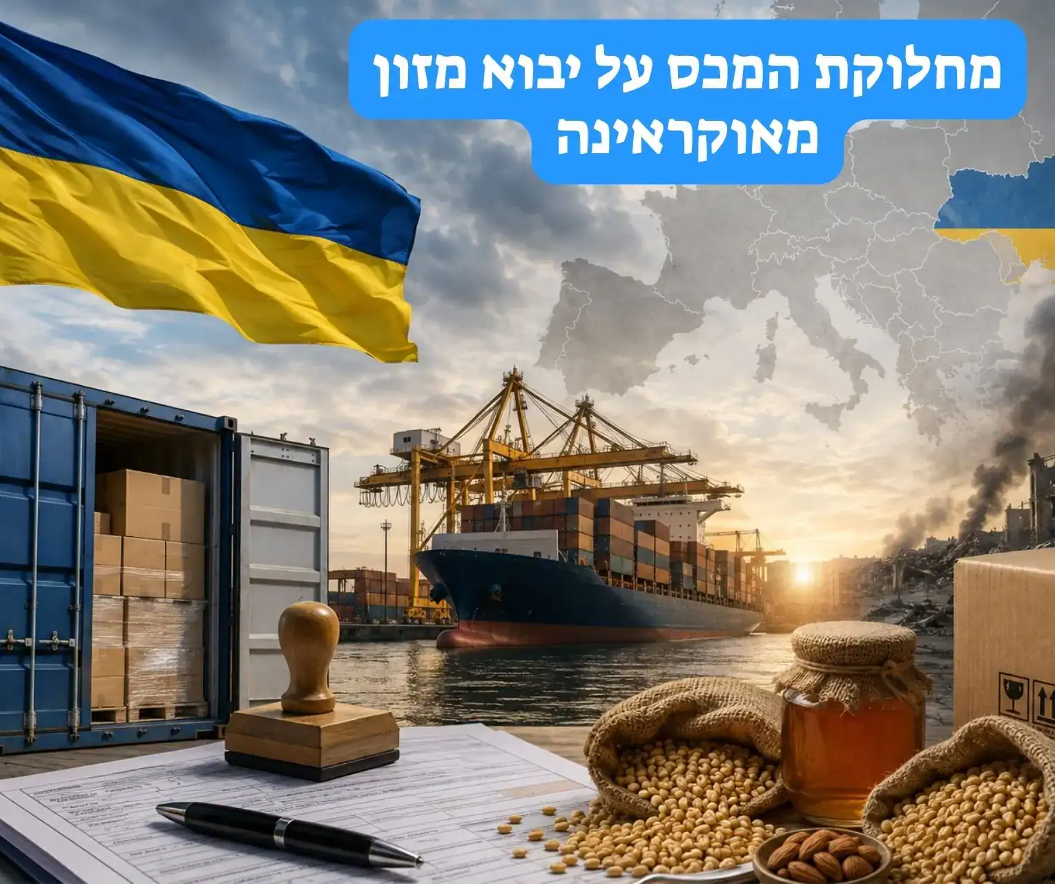 נמל מטענים עם מכולות, אוניית סחר, מוצרי מזון ודגל אוקראינה על רקע אזור מלחמה ומפת אירופה.