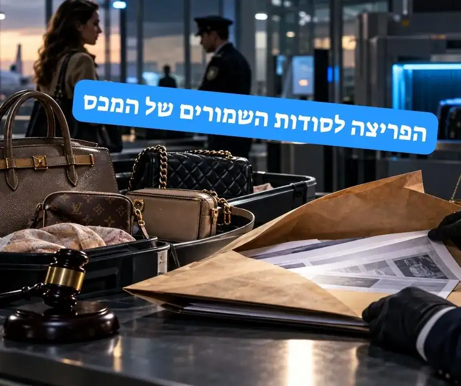 נוסעת בביקורת מכס בנמל תעופה, כשברקע עמדת שיקוף ומלפנים תיקי יוקרה, מעטפה פתוחה עם מסמכים, פטיש שופט ומאזני צדק.